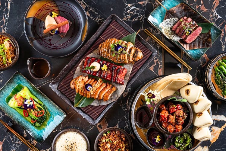 A variety of meals offered at this romantic restaurant in London, including freid pork belly, steak and Wagyu.