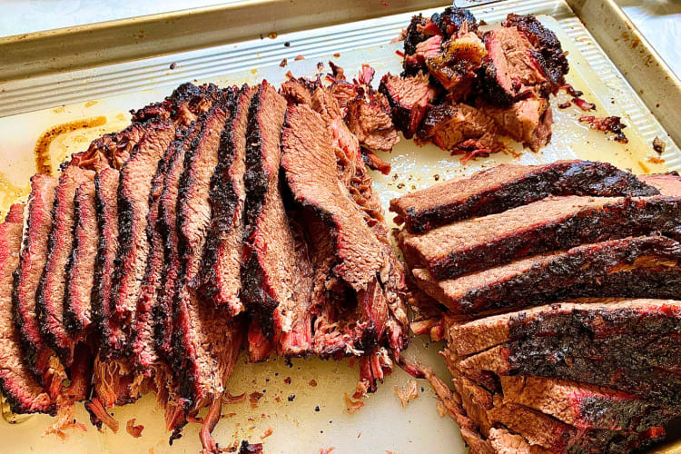 A cooked brisket like this is achieved by reaching the ideal brisket internal temp. 