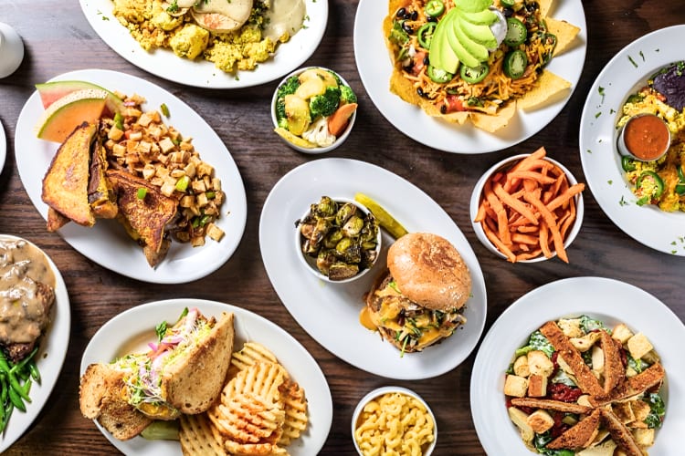 A variety of fast food meals in Chicago including veggie burgers. fried sandwiches and more.  