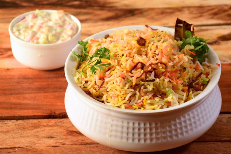 A colorful bowl of veggie biryani is a favorite North Indian food. 