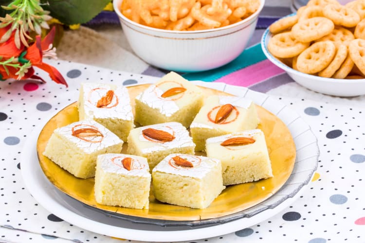 The North Indian food barfi sliced into squares and served as a treat