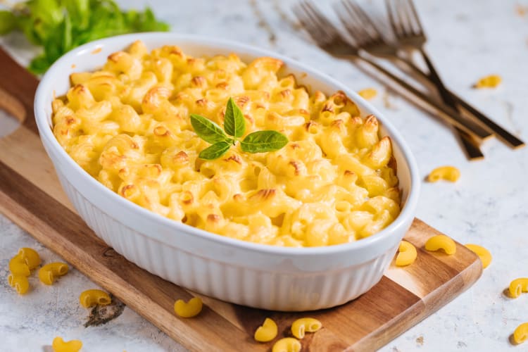 Mac and cheese in a dish can be easily frozen. 