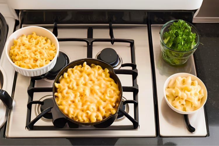 Frozen mac and cheese on a stove top to defrost the dish. 