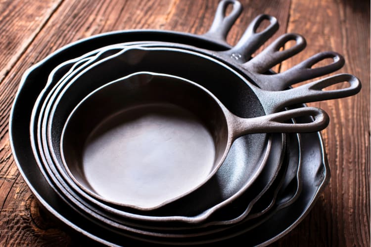 A stack of skillets. 