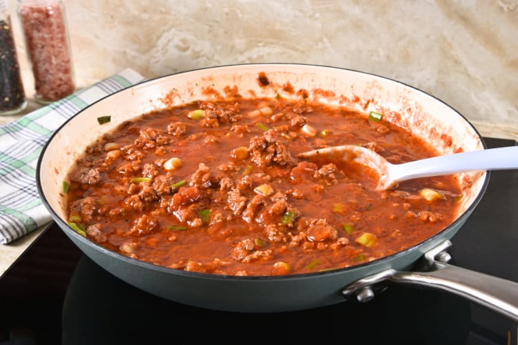 What is a skillet? This non-stick skillet has been used to cook a curry.