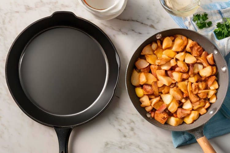 A skillet and a frying pan side by side to show size and depth difference. 