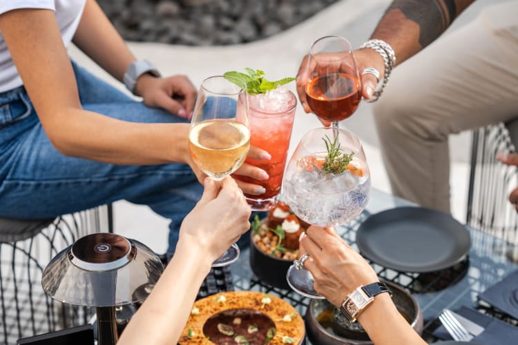 People cheersing different drinks