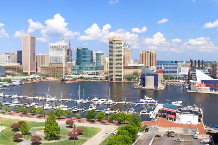 City buildings next to a harbor with boats on the water