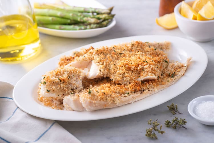 Filets of barramundi with a panko breadcrumb coating.