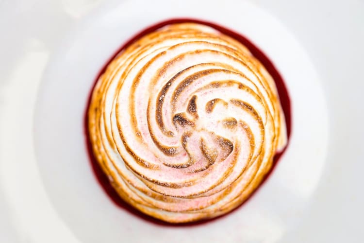 A baked Alaska dessert with rhubarb on a white plate