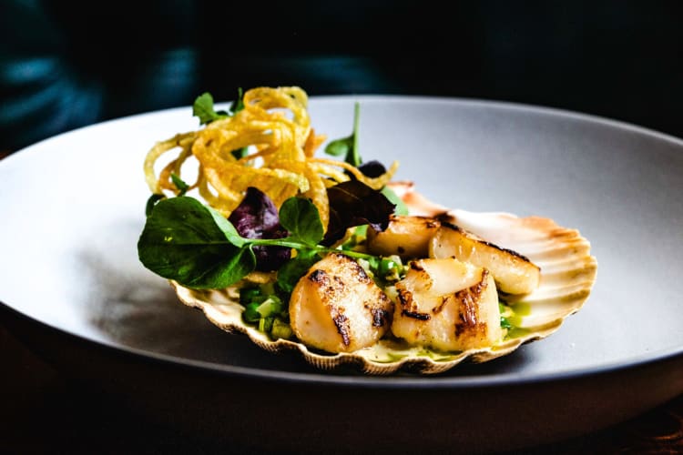 A scallop dish in a shell on a plate