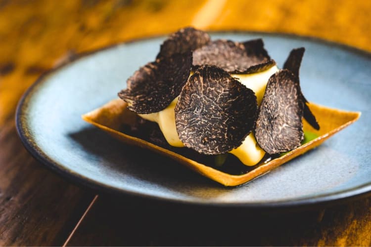 A dish with truffle on a blue plate 