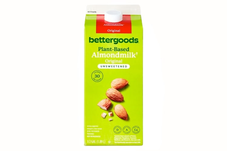 A green carton of almond milk
