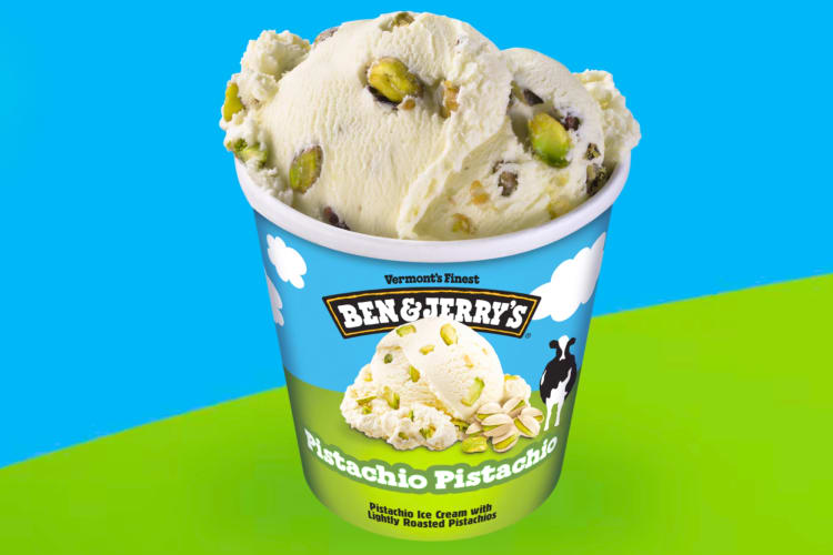 A tub of pistachio flavored Ben and Jerry's ice cream