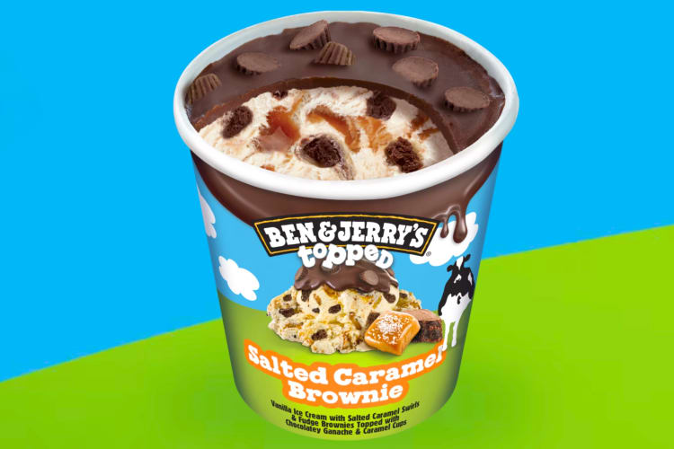 A tub of Salted Caramel Brownie Topped Ben and Jerry's ice cream