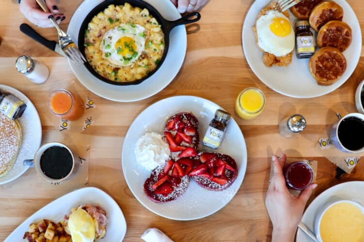 An aerial view of breakfast dishes and drinks on a table