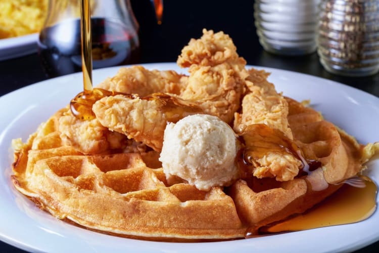 Chicken and waffles on a plate 