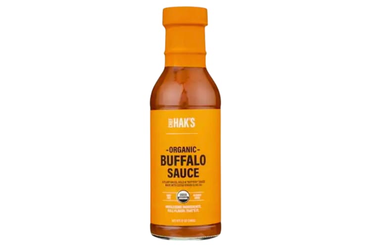 A bottle of Chef Hak’s Organic Buffalo Sauce