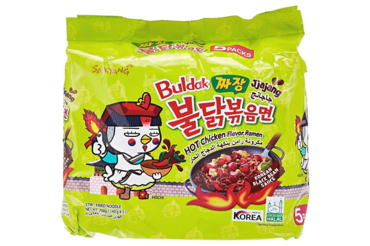 A green bag of instant ramen noodles