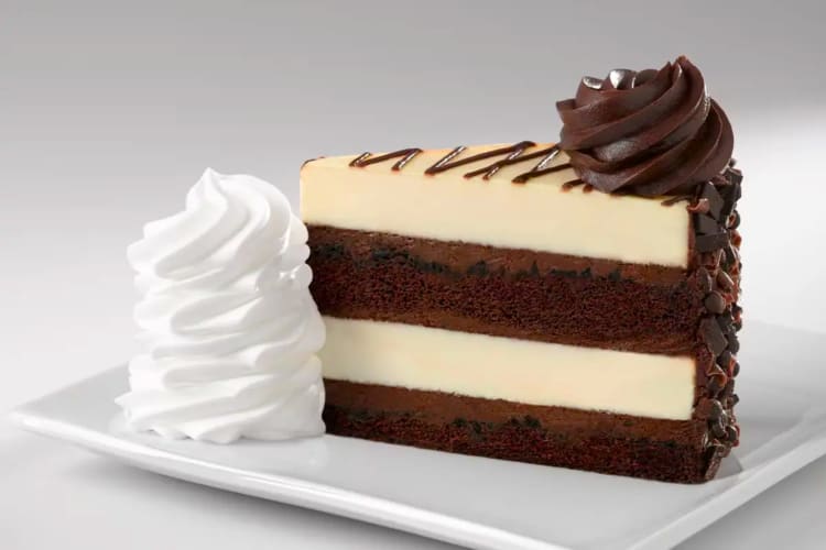 A dessert with layers of plain cheesecake and chocolate sponge cake