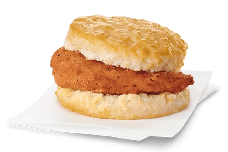A Chick-fil-A spicy chicken biscuit sandwich