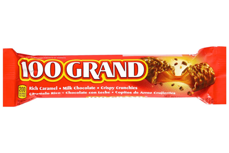 A red 100 Grand candy bar package