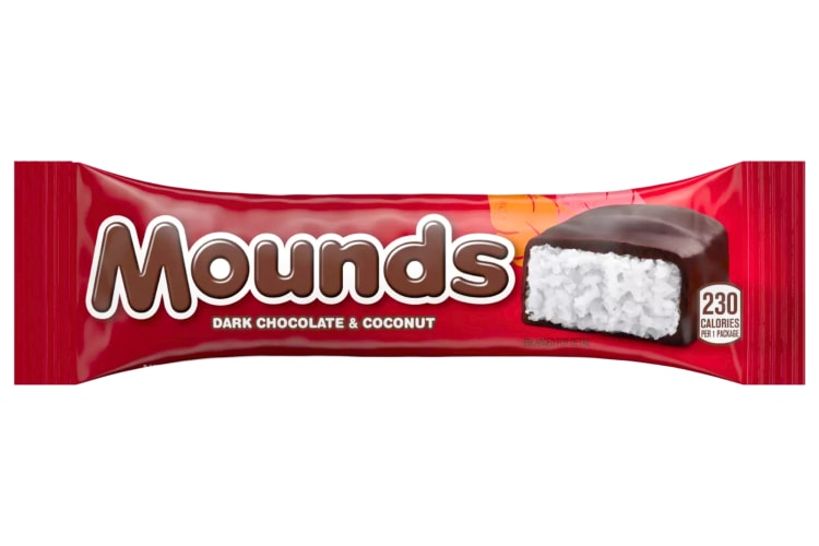 A Mounds candy bar with red packaging