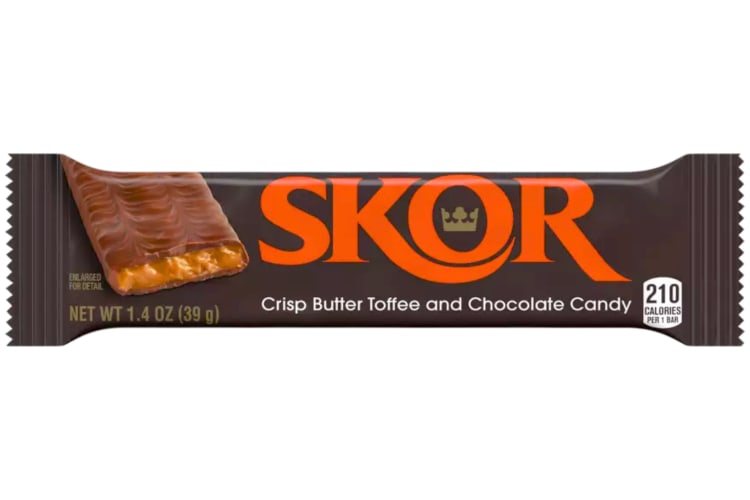 A dark brown Skor candy bar package