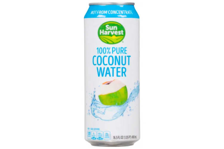 A can of blue and white Sun Harvest coconut water