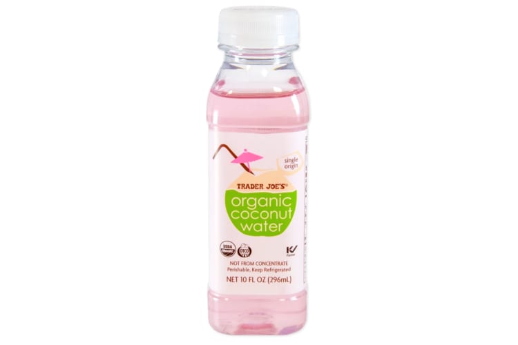 A small bottle of pink coconut water from Trader Joe's