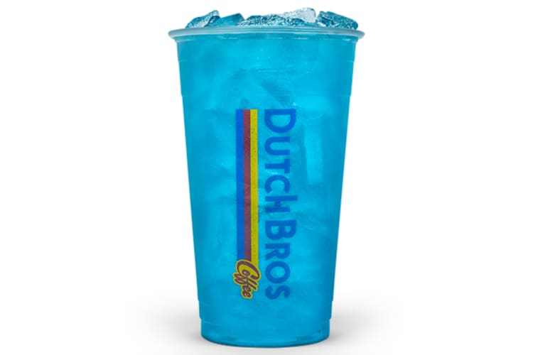 A blue energy drink in a clear take-out coffee cup