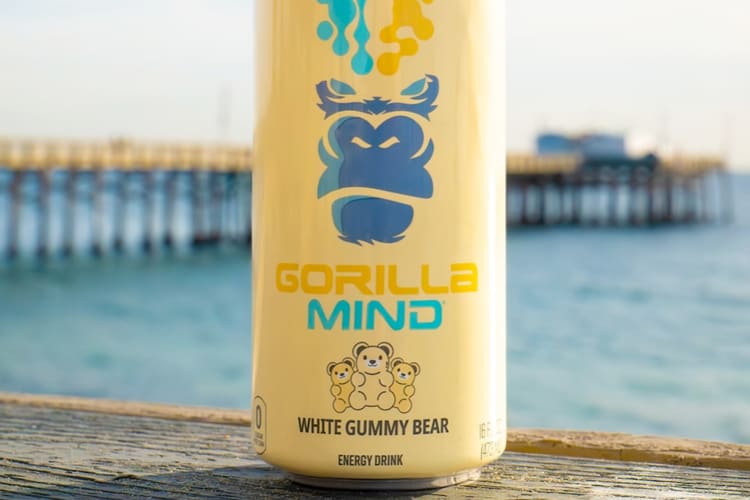 A can of white gummy bear Gorilla Mind energy drink