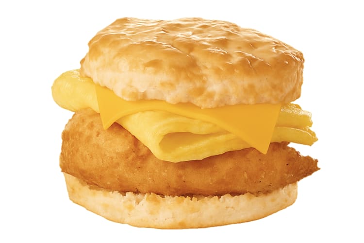 A biscuit with eggs and fried chicken from Chick-fil-A