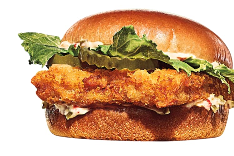 A fish sandwich with lettuce and pickles