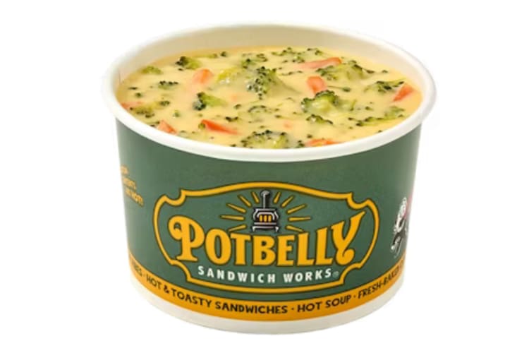 A container of Potbelly Broccoli Cheddar Soup