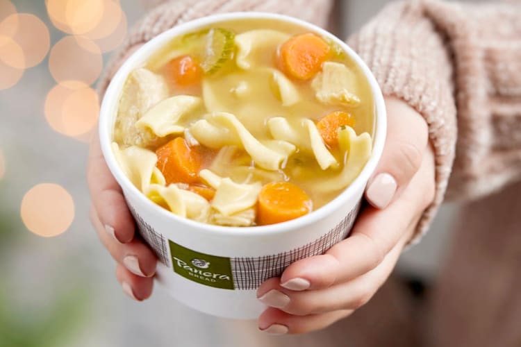 A person holding chicken noodle soup from Panera Bread