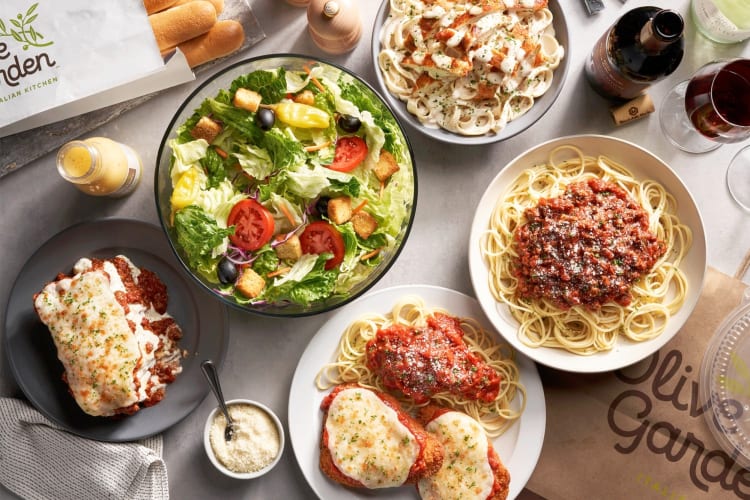 A selection of pasta and salad dishes from Olive Garden