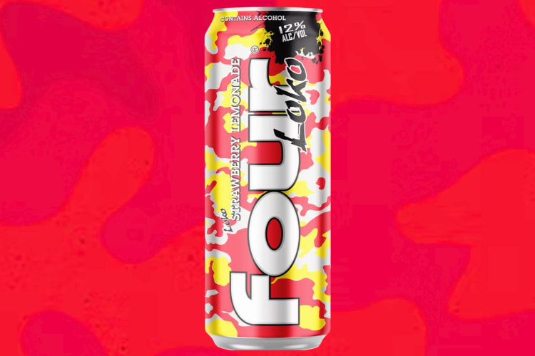A can of Strawberry Lemondade Four Loko on a pink background