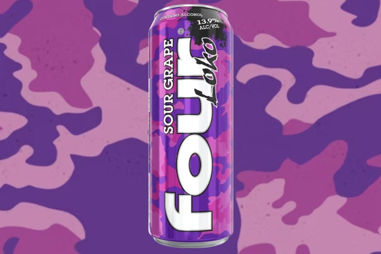A purple can of Sour Grape Four Loko on a purple background