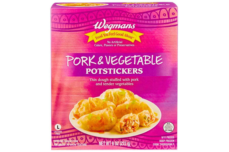 A pink box of frozen dumplings from Wegmans