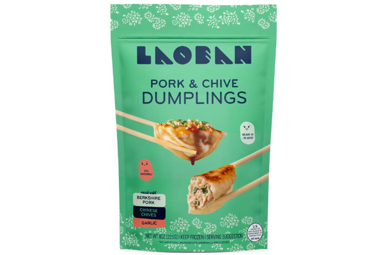 A green packet of  Laoban Pork and Chive Dumplings
