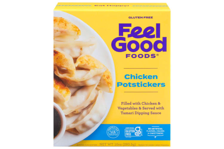 A yellow box of Feel Good frozen potstickers