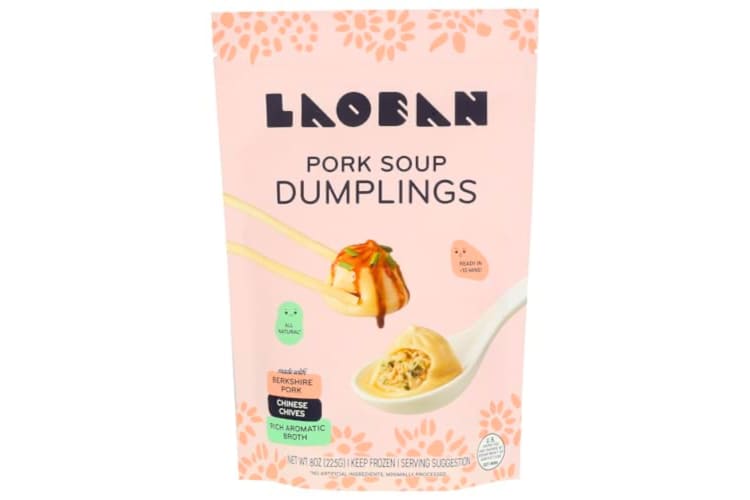 A light pink package of Laoban Pork Soup Dumplings