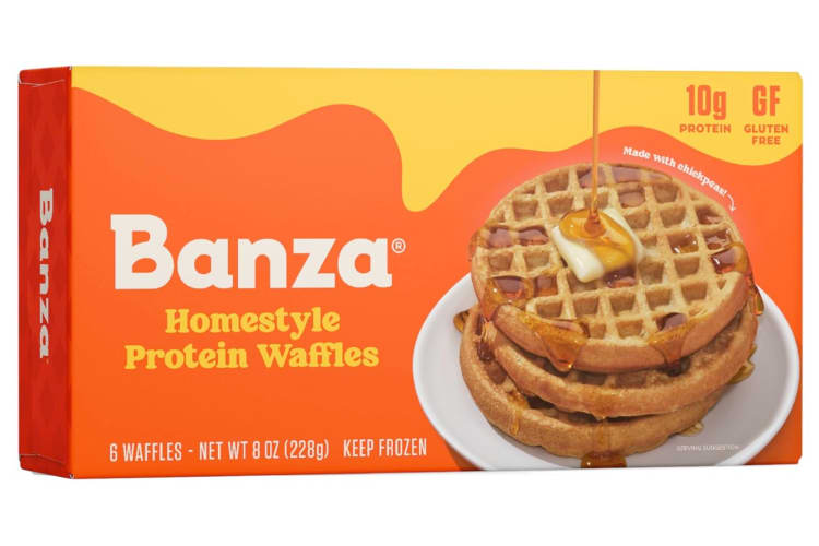 An orange box of Banza Homestyle Protein Waffles