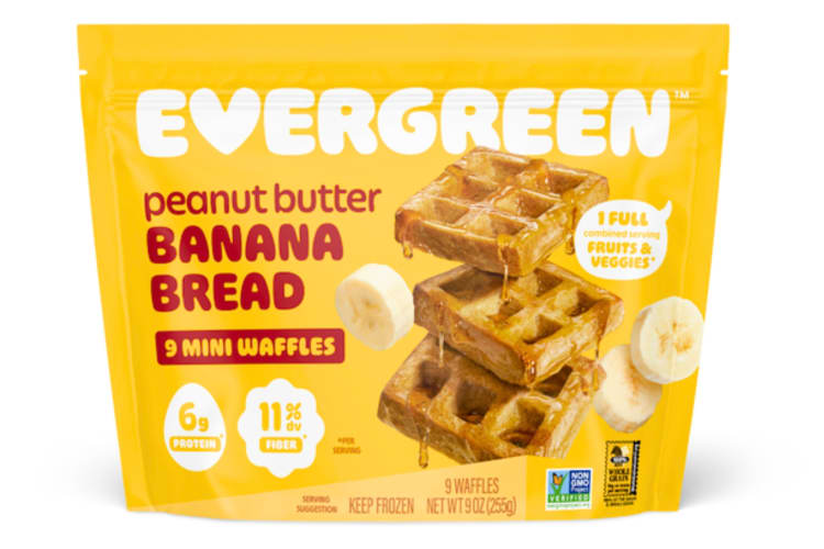A yellow resealable package of Evergreen frozen waffles