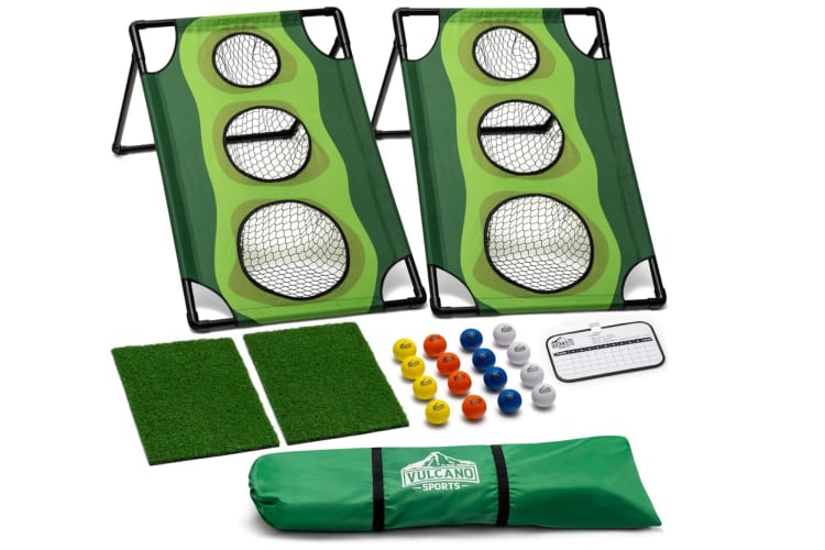 A game with green nets, balls and a green bag