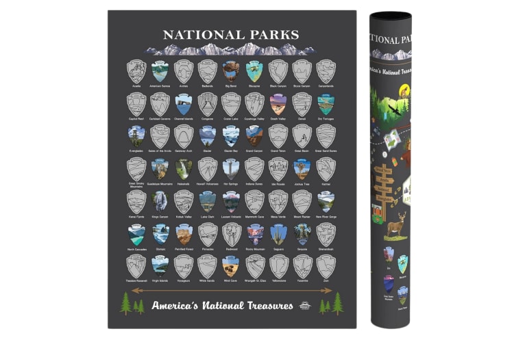 A National Parks poster next to a rolled-up poster