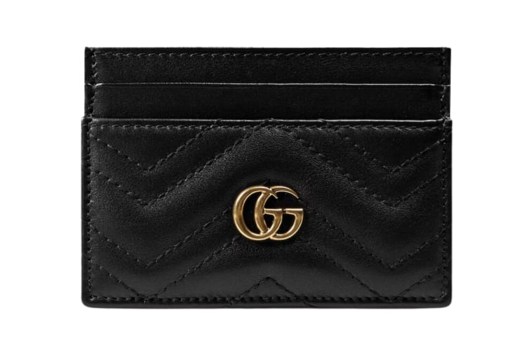 A black card holder with a double G logo