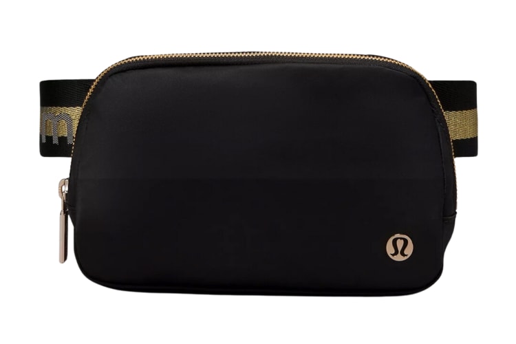 A black bag with a black and gold strap