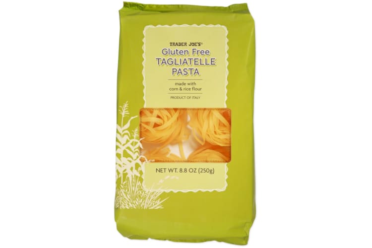 A green packet of Trader Joe's gluten-free tagliatelle